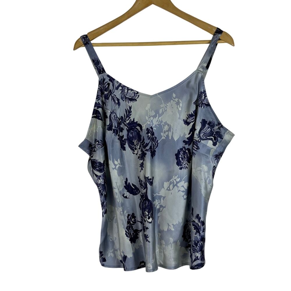 Vintage Y2K 100% Silk Floral Tank Top Blue Babydoll Sweetheart Neckline 18/20